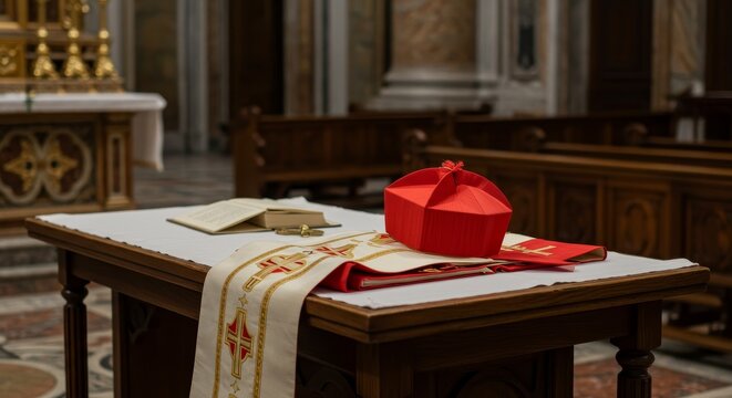 Photo of Red Cardinal Hat and Vestments on Table in Church