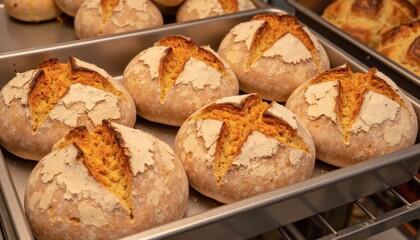 Freshly baked artisanal bread rolls on a baking tray.