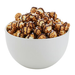A bowl of caramel-drizzled popcorn on a white background, perfect for movie nights