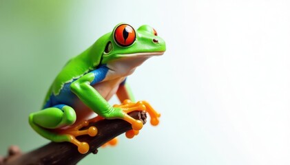 Green tree frog perched on white, vibrant colors, green, lush