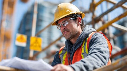 Construction Worker Reviewing Plans: A construction worker meticulously reviewing blueprints on a construction site, wearing safety gear and hard hat, amidst a backdrop of towering buildings.