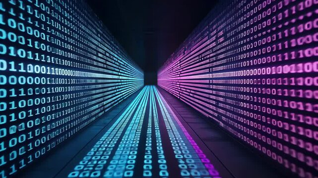 Binary code data tunnel filled with glowing binary code streams, showcasing the essence of digital transformation.