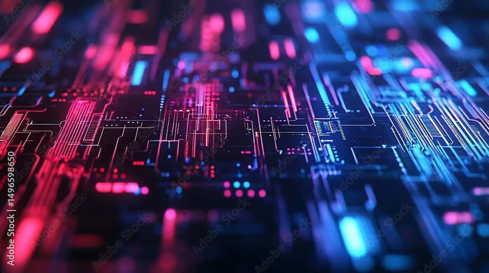 Poster abstract digital circuit board background with glowing lines and data streams