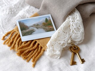 Fototapeta premium Vintage pastel travel flatlay illustration of polaroid photo by leeyongjay, with golden keys and scarf against a textured white fabric backdrop on neutral.