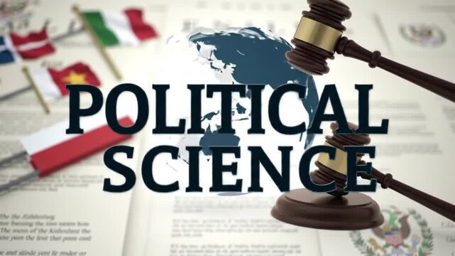 Political Science Intro Animation with Ballots, Flags, Gavels, and Maps on Neutral Government-Themed Background

