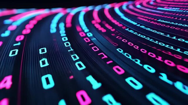 Dynamic visual of colorful binary code flowing in a digital space, illustrating the concept of data and technology.