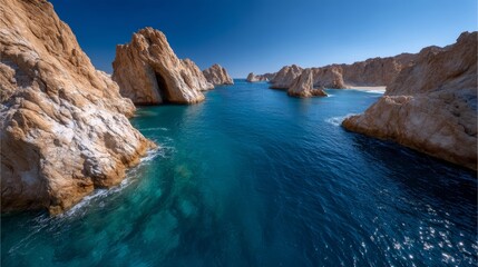 Obraz premium A view of a body of water surrounded by rocks and cliffs