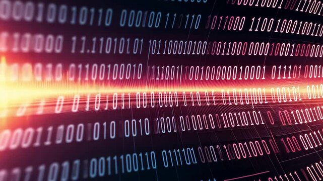 Binary code concept. Vibrant digital sound waves represented with binary code, symbolizing data transfer and technology innovation.