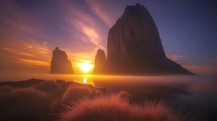 Sunset over coastal rock formations.