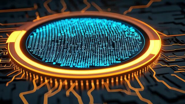 Binary code concept. Futuristic microchip design with glowing circuits and vibrant colors highlighting digital innovation.