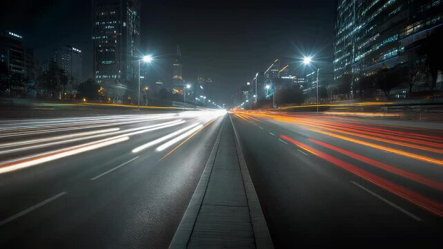 Long exposure light trails from moving vehicles on city streets at night - colorful car headlights and taillights creating dynamic urban light painting - Powered by Adobe