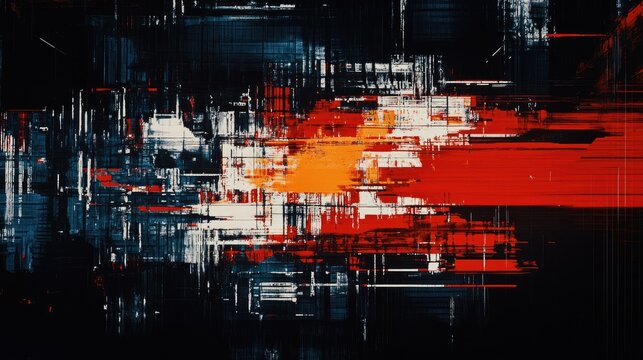 Abstract digital painting with red, orange, white, and dark blue hues, showing glitch effect and brushstrokes