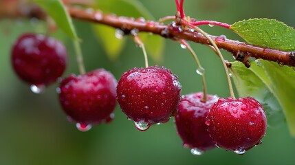 Ripe cherry glistening on a branch, embodying nature's fresh vitality