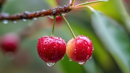 Ripe cherry glistening on a branch, embodying nature's fresh vitality