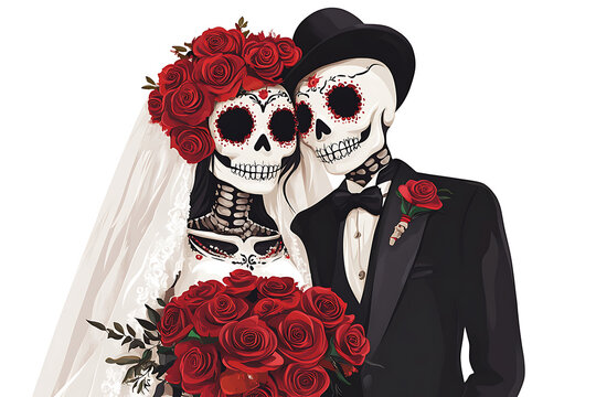 A whimsical illustration of a skeleton couple in wedding attire, surrounded by roses