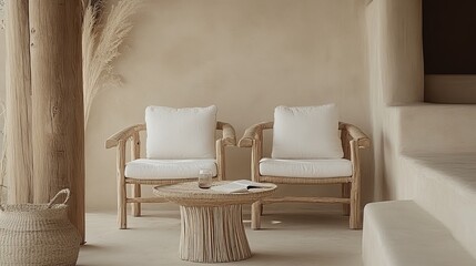 Minimalist wooden seating area with natural light
