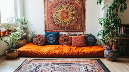 Bohemian living room with vibrant textiles and plants (1)