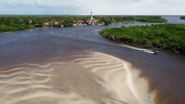 Mandacaru Island In Lencois Maranhenses Maranhao Brazil. Turquoise Lagoons And Sand Dunes Creating Inspiring Landscape. Shore Clouds Beach Sea. Outside Beach Panning Wide.