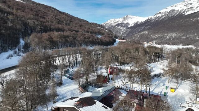 Las Cotorras Village In Ushuaia End Of The World Argentina. Breathtaking Landscape Of Forest Trees In The Rural Scene. Outdoor Travel Destination Patagonia Glacier.