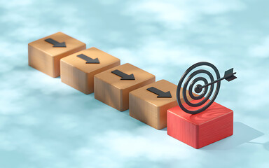 Wooden blocks arranged diagonally with arrows leading to a red target block symbolizing step-by-step progress and goal achievement