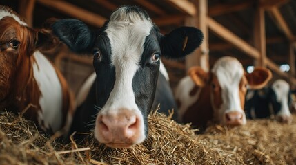 Cows grazing on hay in a rustic barn, a serene pastoral moment of rural tranquility.