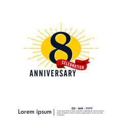 8th years anniversary celebration emblem. congratulations anniversary logo isolated with red ribbon and starburst on white background. vector illustration template design for web