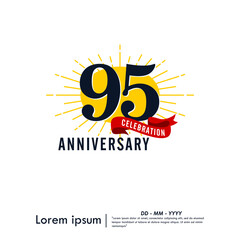 95th years anniversary celebration emblem. congratulations anniversary logo isolated with red ribbon and starburst on white background. vector illustration template design for web