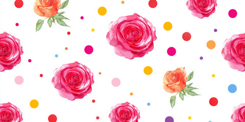 水彩タッチで描かれた優美なバラの花と葉が並ぶ、可憐なフラワーデザインパターン｜ロマンチック、自然、春、花束、女性、装飾、アート素材、ペーパーデザイン向け