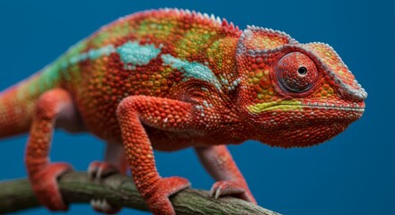 Obraz premium Photo Vibrant Chameleon on Branch Against Blue