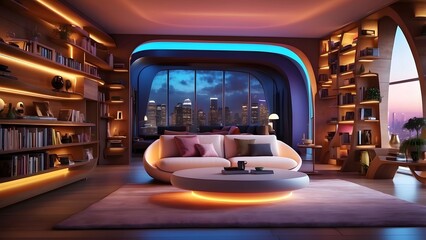 A radiant penthouse library with glowing bookshelves and vibrant smart screens, Cinematic theme, HDR, Vibrant