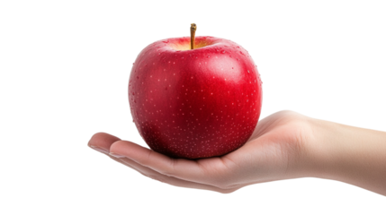 Hand holding a fresh red apple food minimalistic view healthy eating concept isolated on transparent background