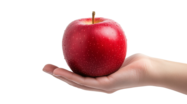 Hand holding a fresh red apple food minimalistic view healthy eating concept isolated on transparent background