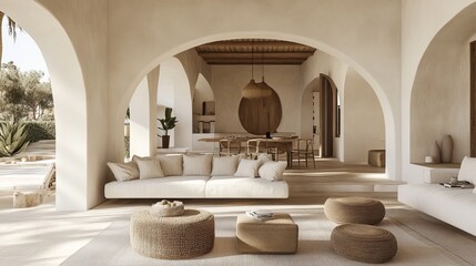 Spacious, minimalist home interior featuring arches, neutral tones, and natural light