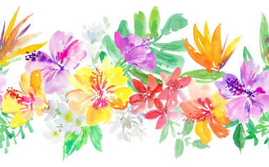 PNG seamless pattern of abstract purple and yellow hibiscus flowers, tropical foliage, and monstera leaves painted in watercolor. Hand painted floral wallpaper in watercolor for wedding invitation.