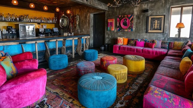 Vibrant bar and lounge interior with colorful seating and rugs
