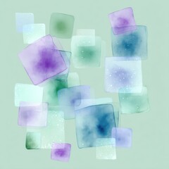Abstract fluid squares in soft lavender and blue float subtly over a light green background.