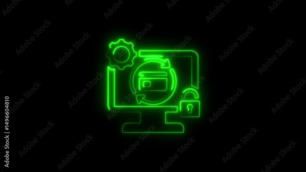 Poster animated green neon computer screen displaying secured online financial transactions