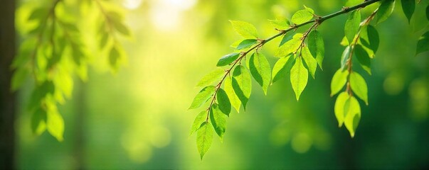 Fototapeta premium Delicate willow branches adorned with fresh, new spring leaves, swaying gently in the breeze Sunlight filters through the foliage, creating a soft, ethereal glow , background, environment