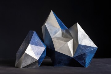 Abstract polygons in sharp edges with silver and navy blue gradients form a neat design on black.