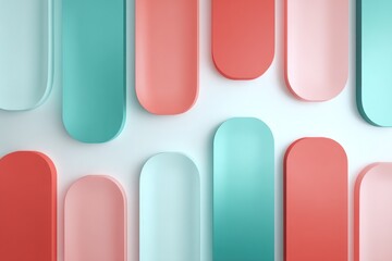 Liquid rectangles and ovals in soft teal and coral pink are arranged symmetrically against a gradient white backdrop.