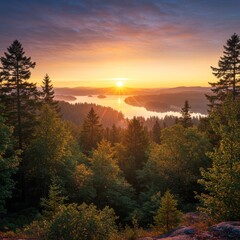 Sunrise Over Forest And Lake Landscape Photo
