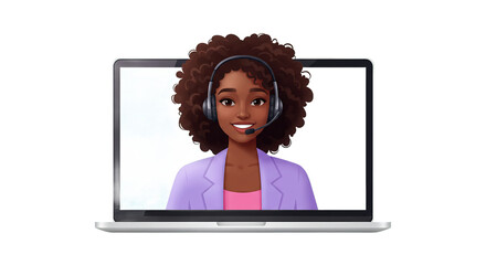 Woman with headset on a laptop screen against a black background.