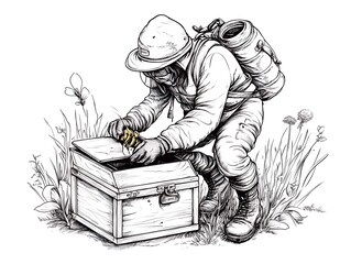 探検家、宝箱、発見、草地