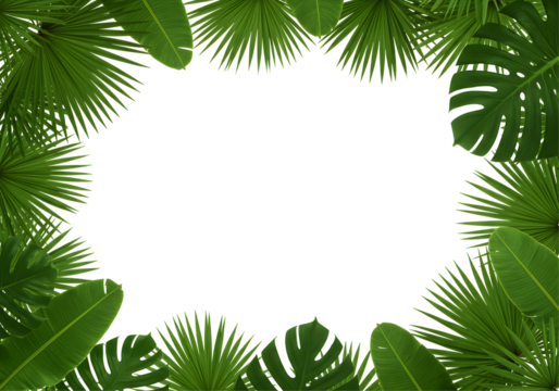 Tropical green palm leaves frame lush botanical summer beach holiday design