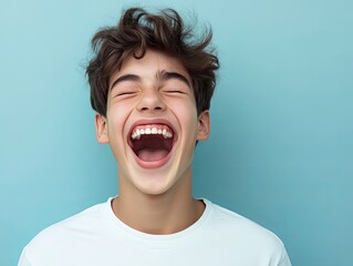 A teenage boy laughing with a big open mouth, isolated on a light blue background