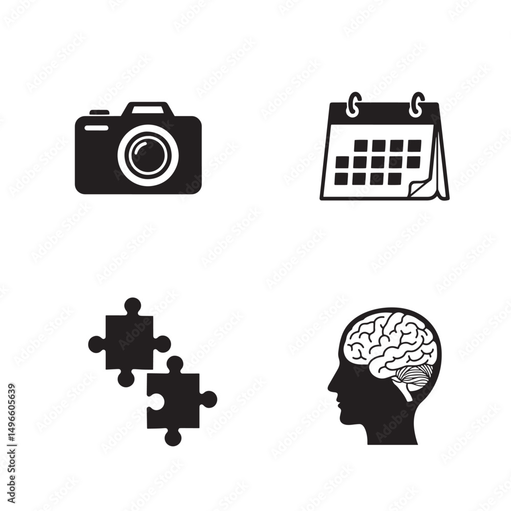 Poster a collection of simple vector icons depicting photography calendar brain and puzzle elements
