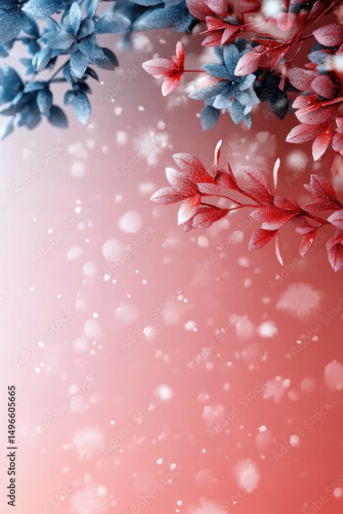 Poster boho illustration featu red and blue floral elements with a bokeh effect, perfect for a website head