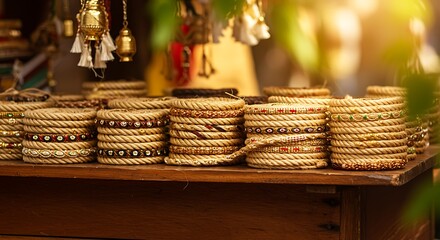 Obraz premium Colorful rope bracelets stacked on a wooden table at a market.