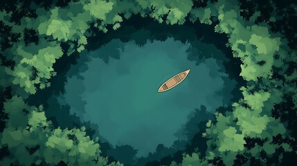 Lone boat with forest lake, and aerial view.