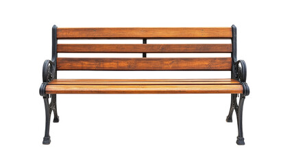 Wooden park bench with metal frame, classic design, suitable for outdoor settings, inviting for relaxation and socializing, isolated on transparent background, png